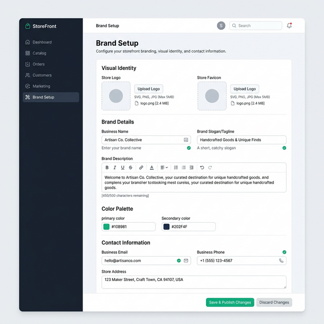 Productico storefront setup - Set up your brand: Add your logo, business name, description, and contact info. First impressions matter.